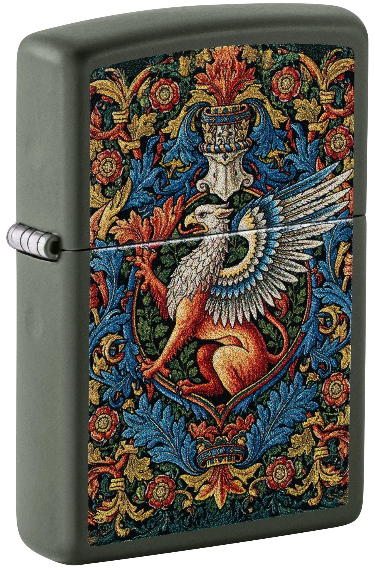 Zippo Vogel Gryff mit farbigem Greif auf mattem, dunkelgrünem Gehäuse in schräger Vorderansicht
