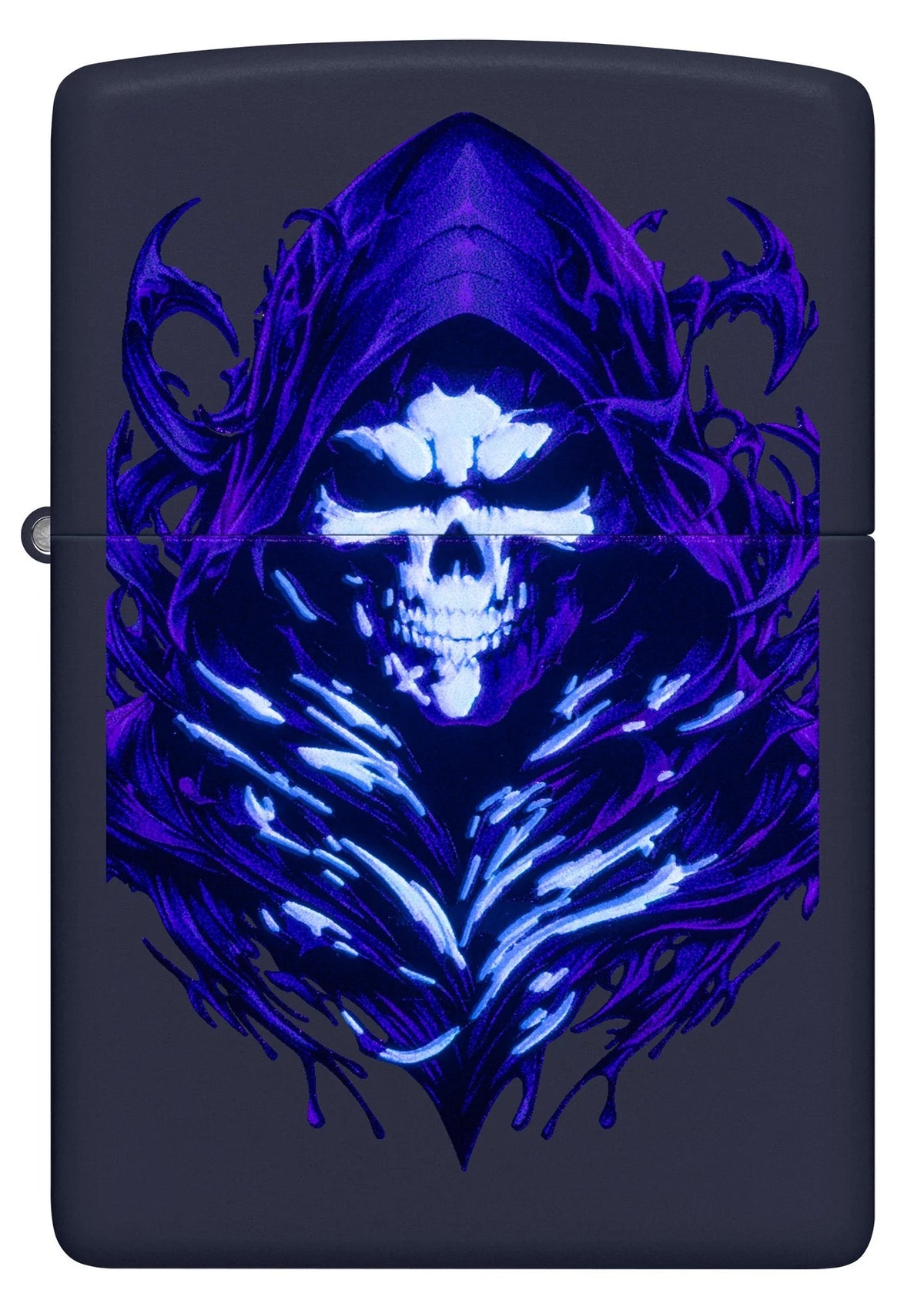 Zippo Engel des Todes unter Black Light mit weissblau leuchtendem Totenschädel und intensiv violetter Kapuze