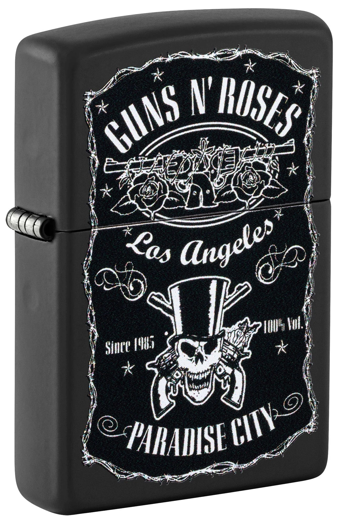 Geschlossenes Zippo Guns N’ Roses in Black Matte mit weissem Paradise-City-Motiv und Totenkopf