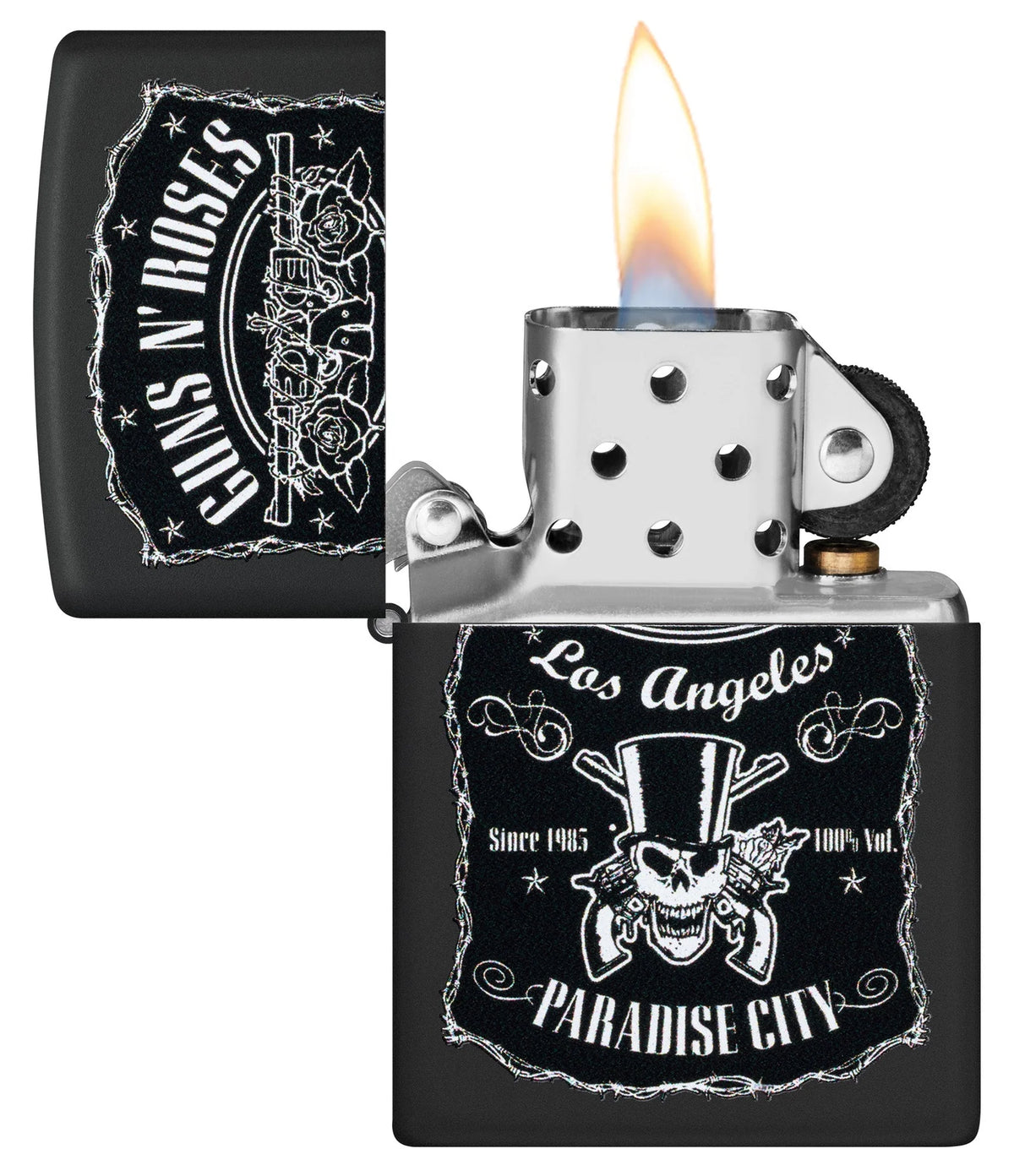 Geöffnetes Zippo Guns N’ Roses mit Flamme, silbernem Einsatz und Color-Image-Motiv auf schwarzem Gehäuse