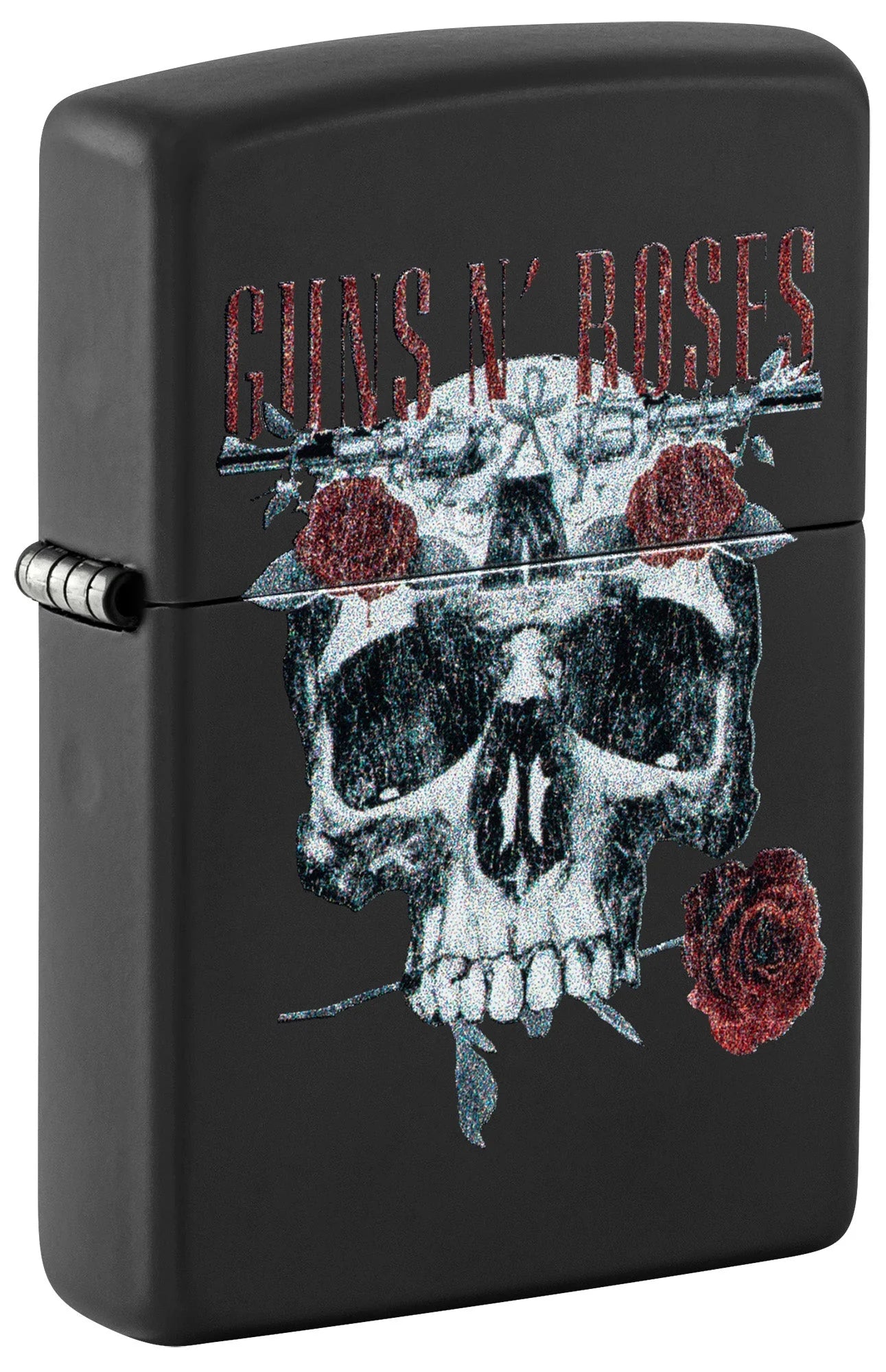 Geschlossenes Zippo Guns N’ Roses in Black Matte mit Totenkopf, roten Rosen und Band-Schriftzug