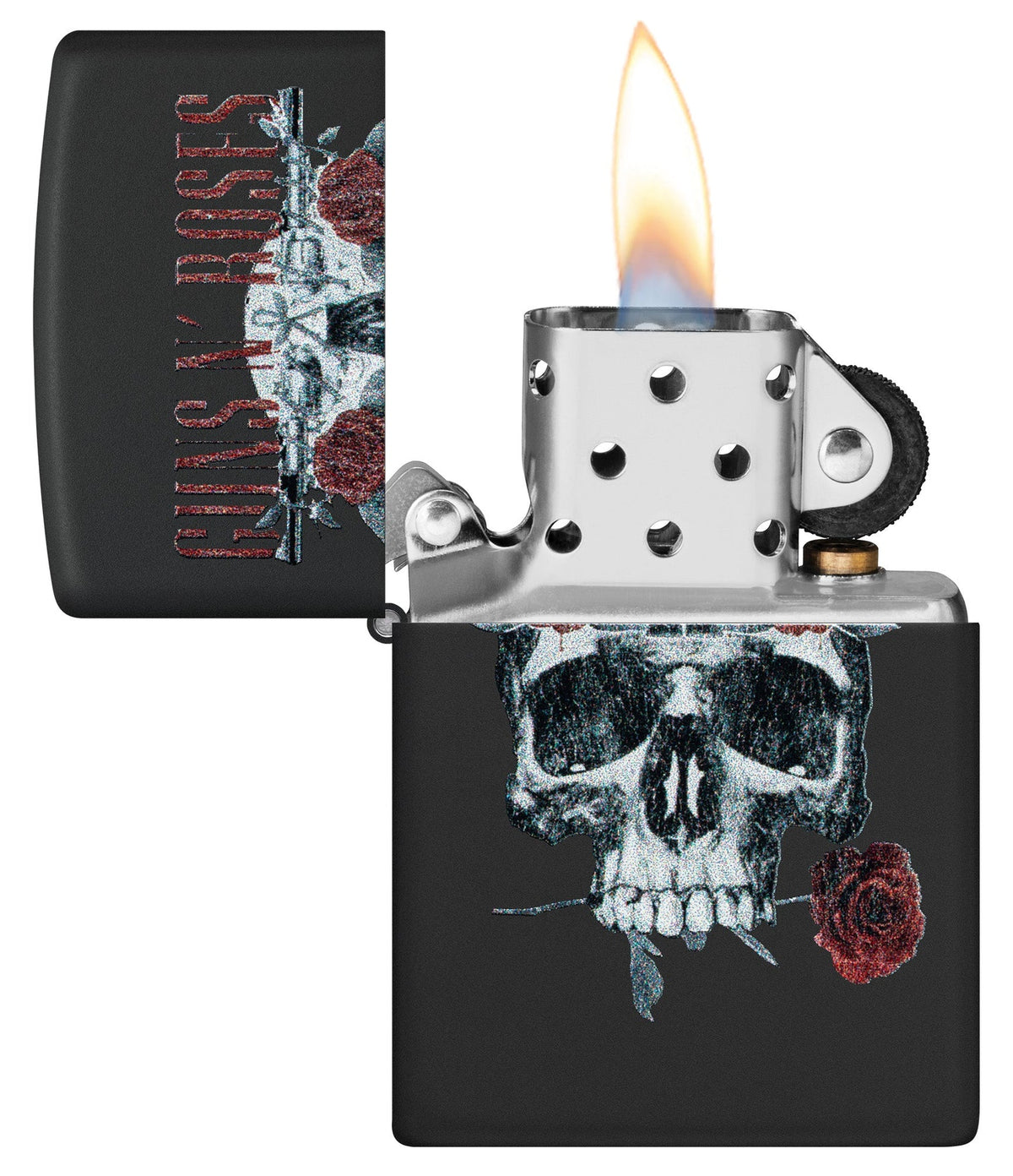 Geöffnetes Guns-N’-Roses-Zippo mit Flamme, silbernem Einsatz und Totenkopf-Rosen-Motiv