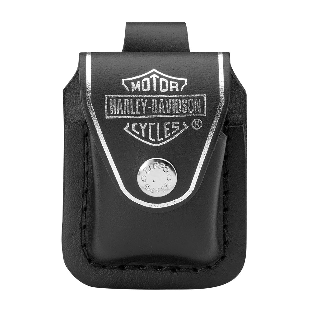 Schwarze Zippo Harley-Davidson Gürteltasche aus Echtleder mit Logo, Zierlinien und Druckknopf