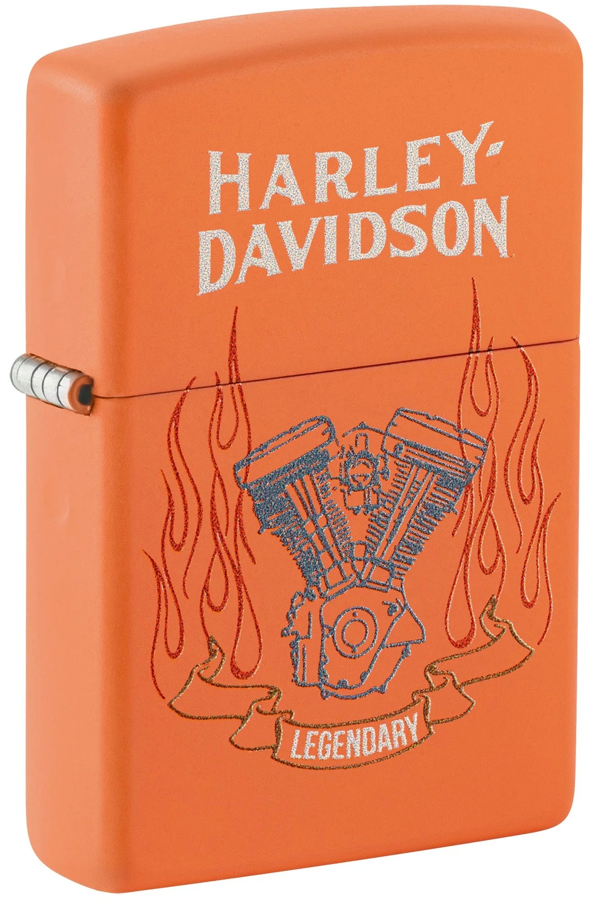 Geschlossenes Zippo Harley-Davidson Legendary in Orange Matt mit Motor, Flammen und silberfarbenem Schriftzug