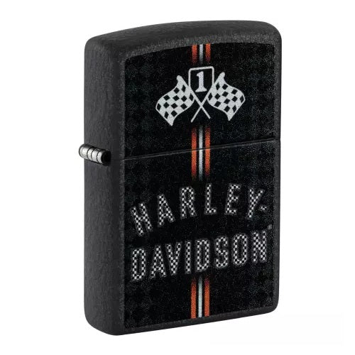 Geschlossenes Zippo Harley-Davidson Winner’s Flag in Black Crackle mit Zielflaggen und orangefarbenen Linien