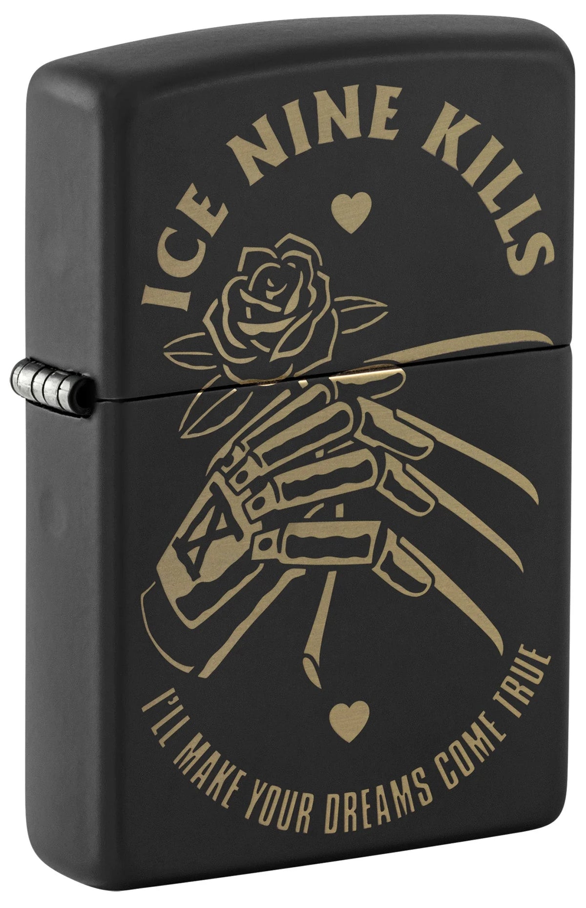 Geschlossenes Zippo Ice Nine Kills in Black Matte mit Rose, skelettartigen Händen und goldfarbenem Schriftzug