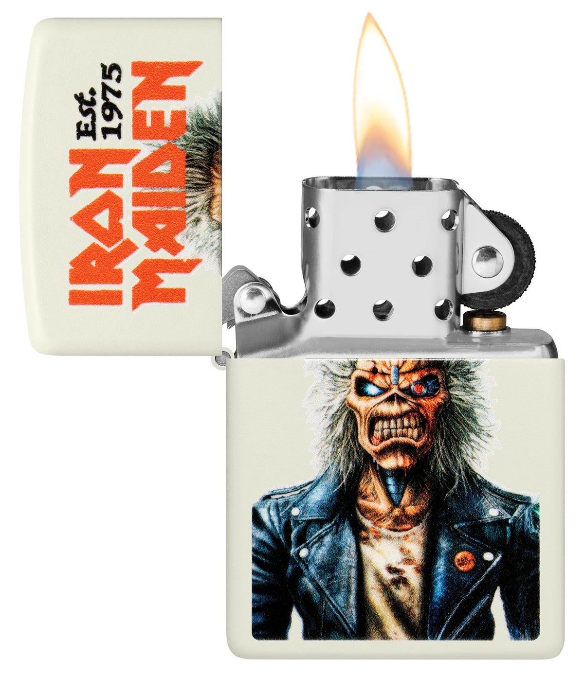 Geöffnetes Zippo Iron Maiden Glowing Eddie mit Flamme, silberfarbenem Einsatz und mehrfarbigem Eddie-Motiv