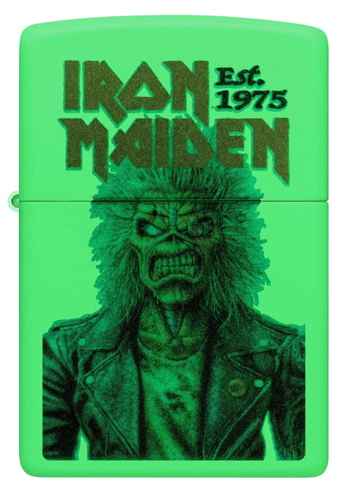 Iron Maiden Glowing Eddie Zippo mit grün leuchtender Oberfläche und dunkel sichtbarem Eddie-Motiv im Dunkeln
