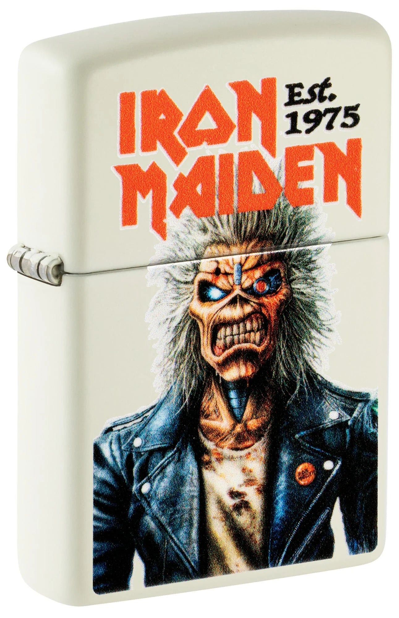 Geschlossenes Zippo Iron Maiden Glowing Eddie in Basic White mit Eddie-Motiv, rotem Bandlogo und Est. 1975