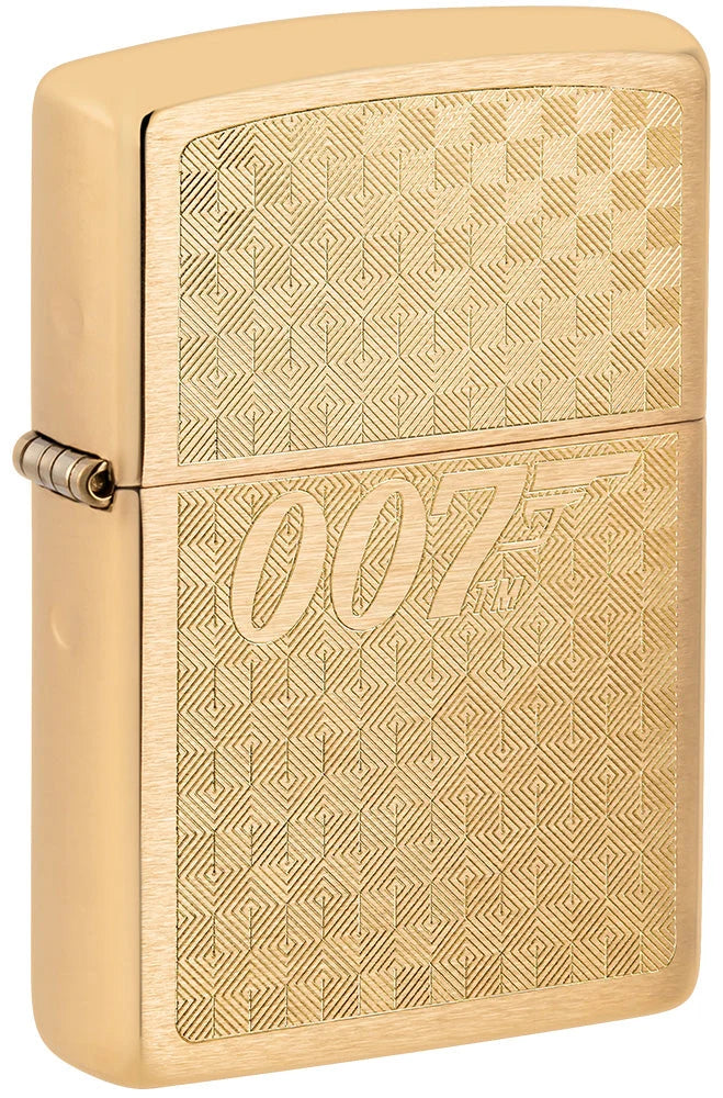 Zippo James Bond 007 in Brushed Brass schräg von vorne mit goldfarbenem Rautenmuster und grossem 007-Logo.