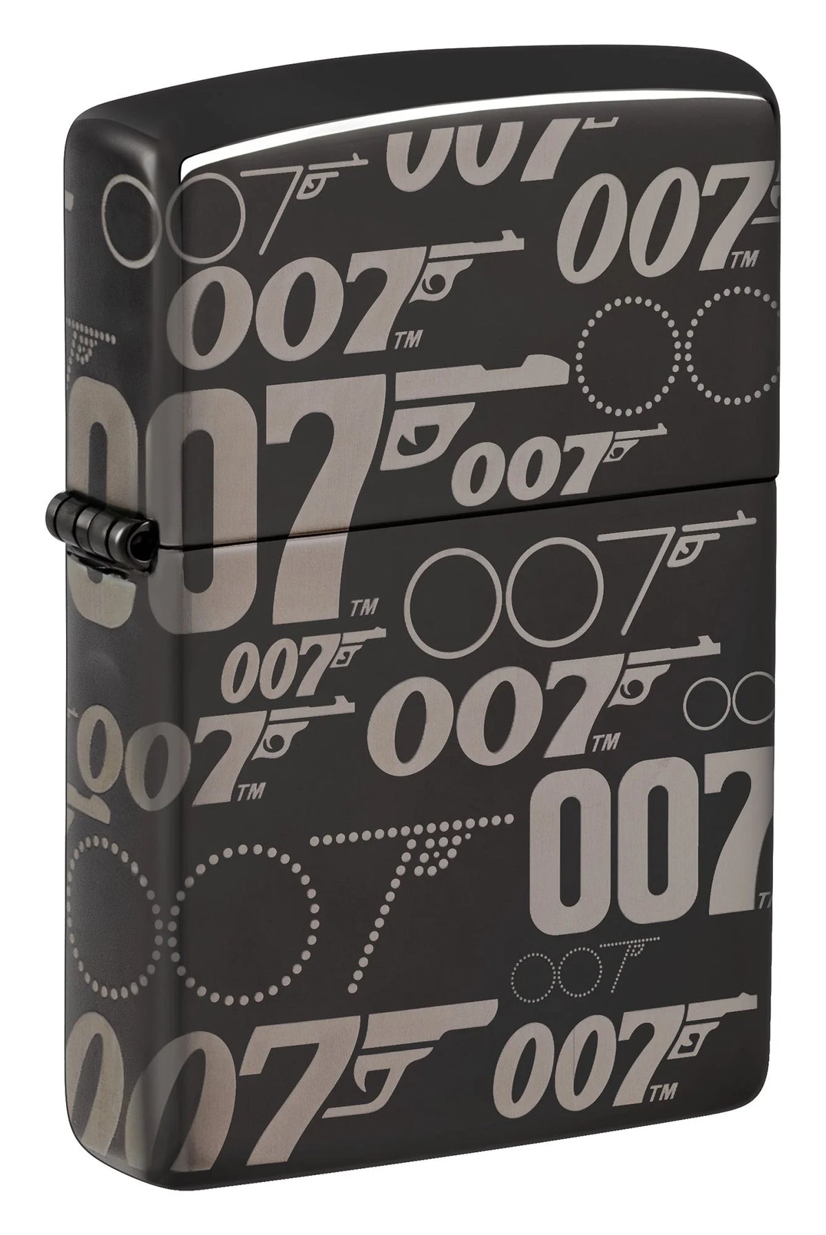 Zippo James Bond 007 Frontansicht mit High Polished Black Oberfläche und silbergrauem Logo-Muster