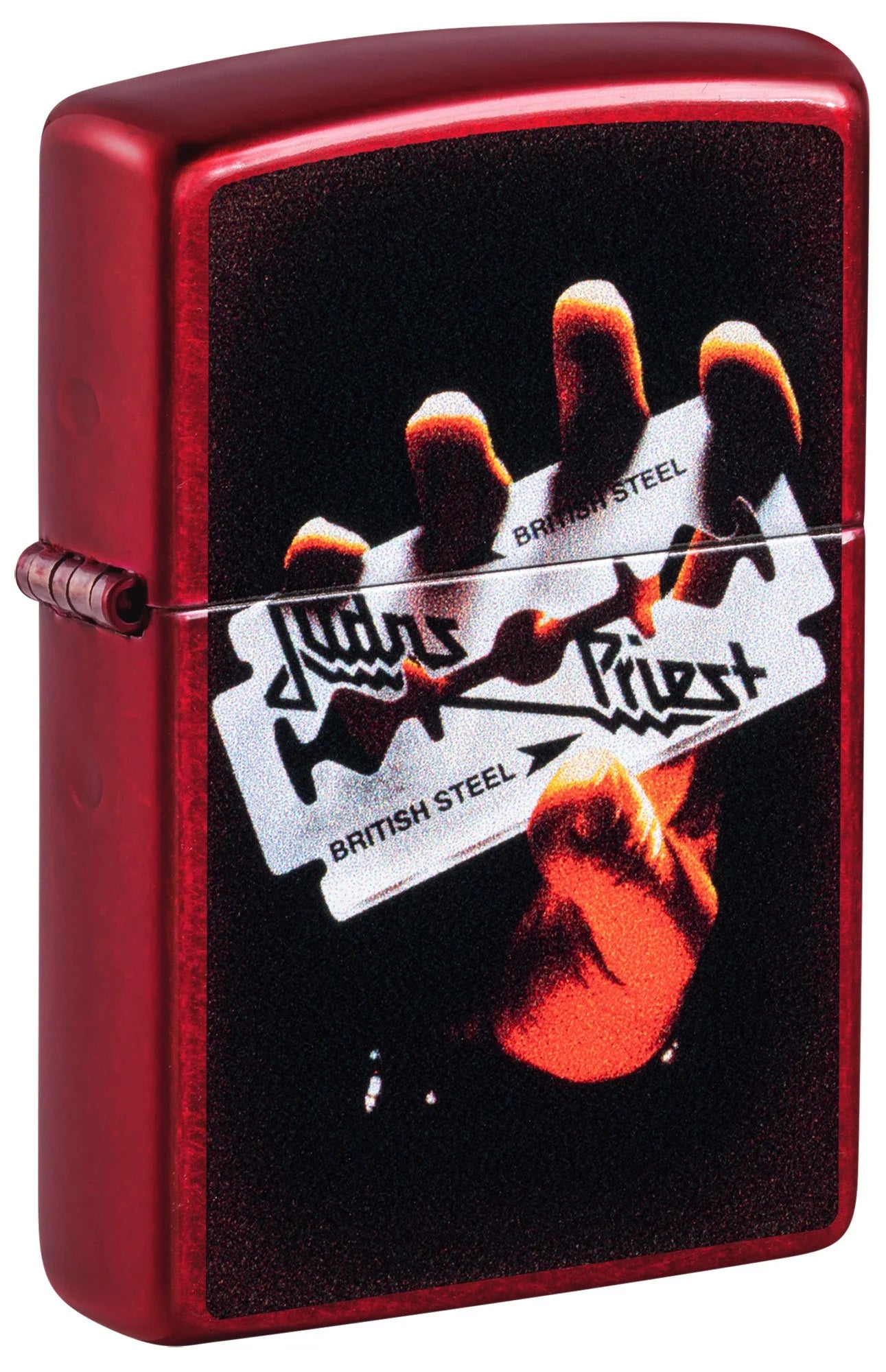 Geschlossenes Zippo Judas Priest British Steel in Candy Apple Red mit Hand-, Rasierklingen- und Bandmotiv