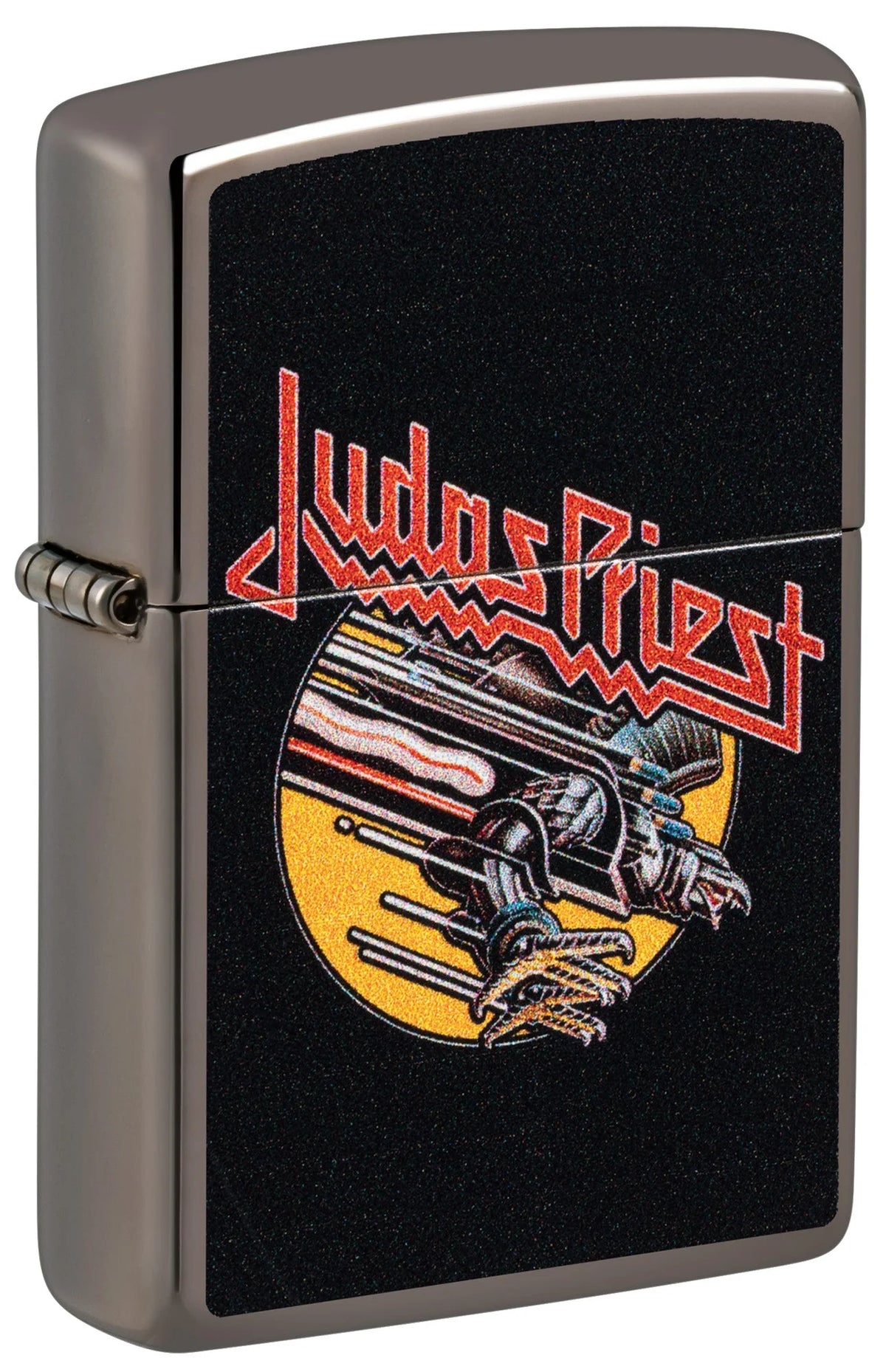 Geschlossenes Zippo Judas Priest Screaming for Vengeance in Black Ice mit rotem Bandlogo und farbigem Motiv