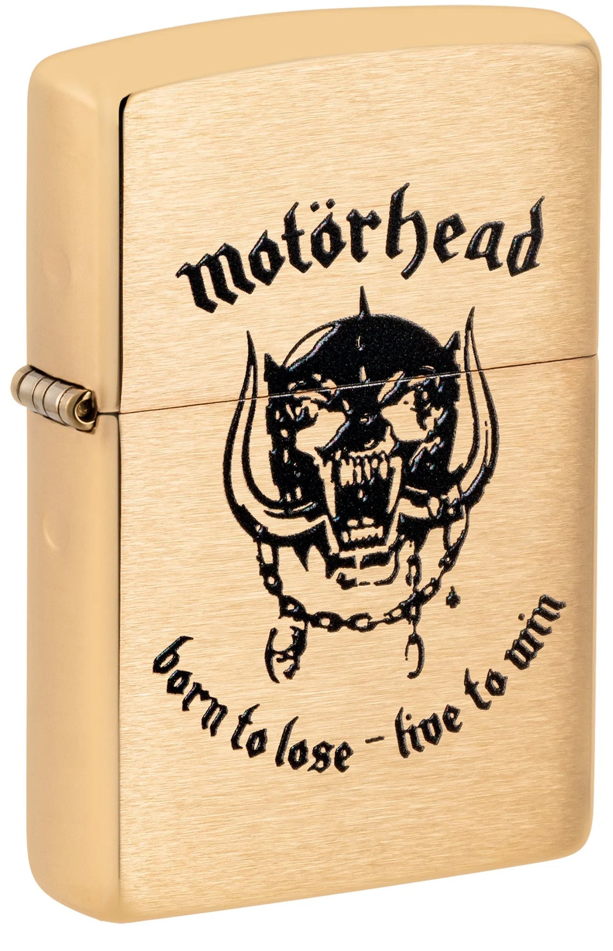 Geschlossenes Zippo Motörhead Born to Lose in Brushed Brass mit schwarzem Warpig-Motiv und Bandschriftzug