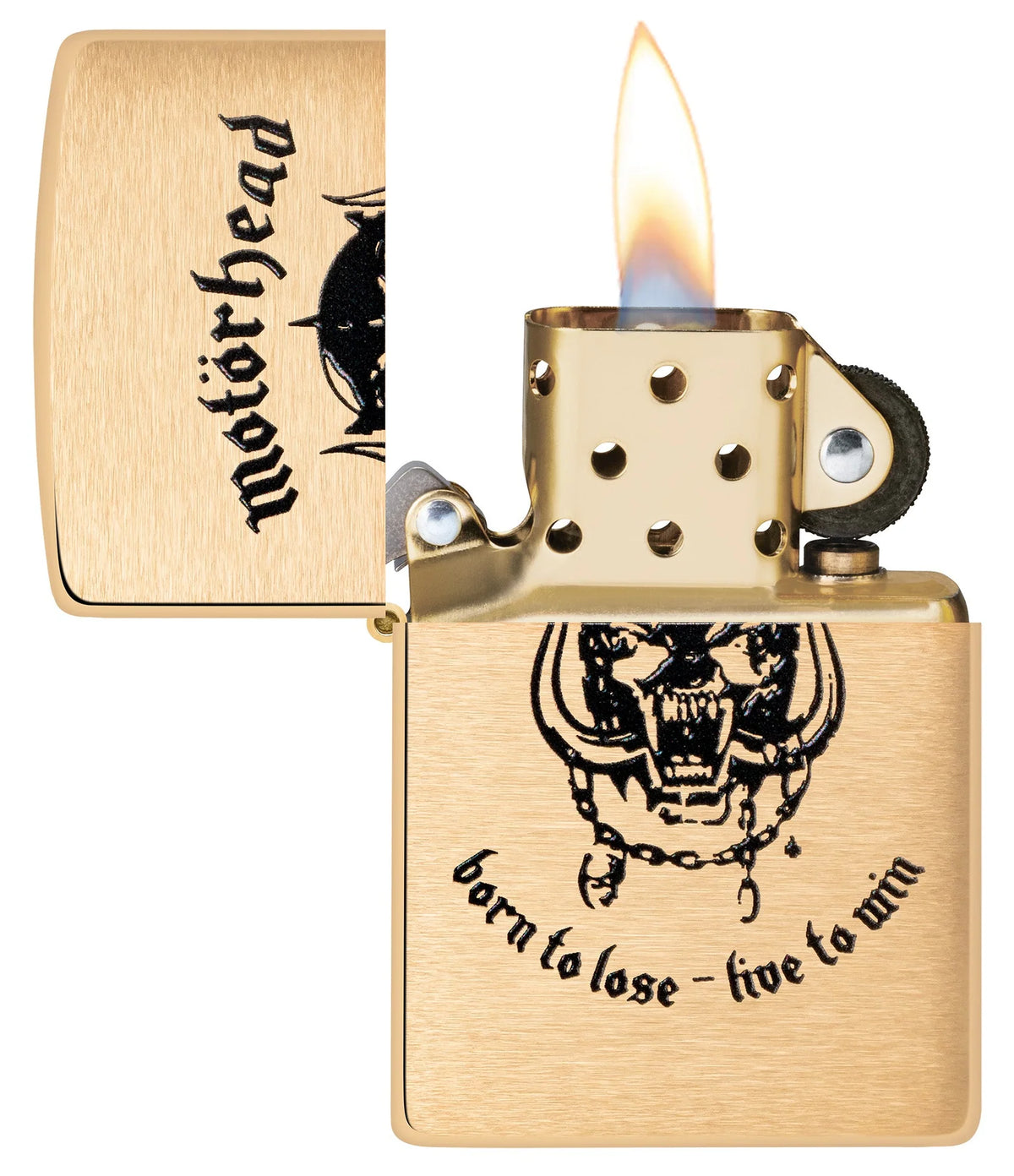 Geöffnetes Zippo Motörhead Born to Lose mit Flamme, goldfarbenem Einsatz und schwarzem Motiv auf Brushed Brass