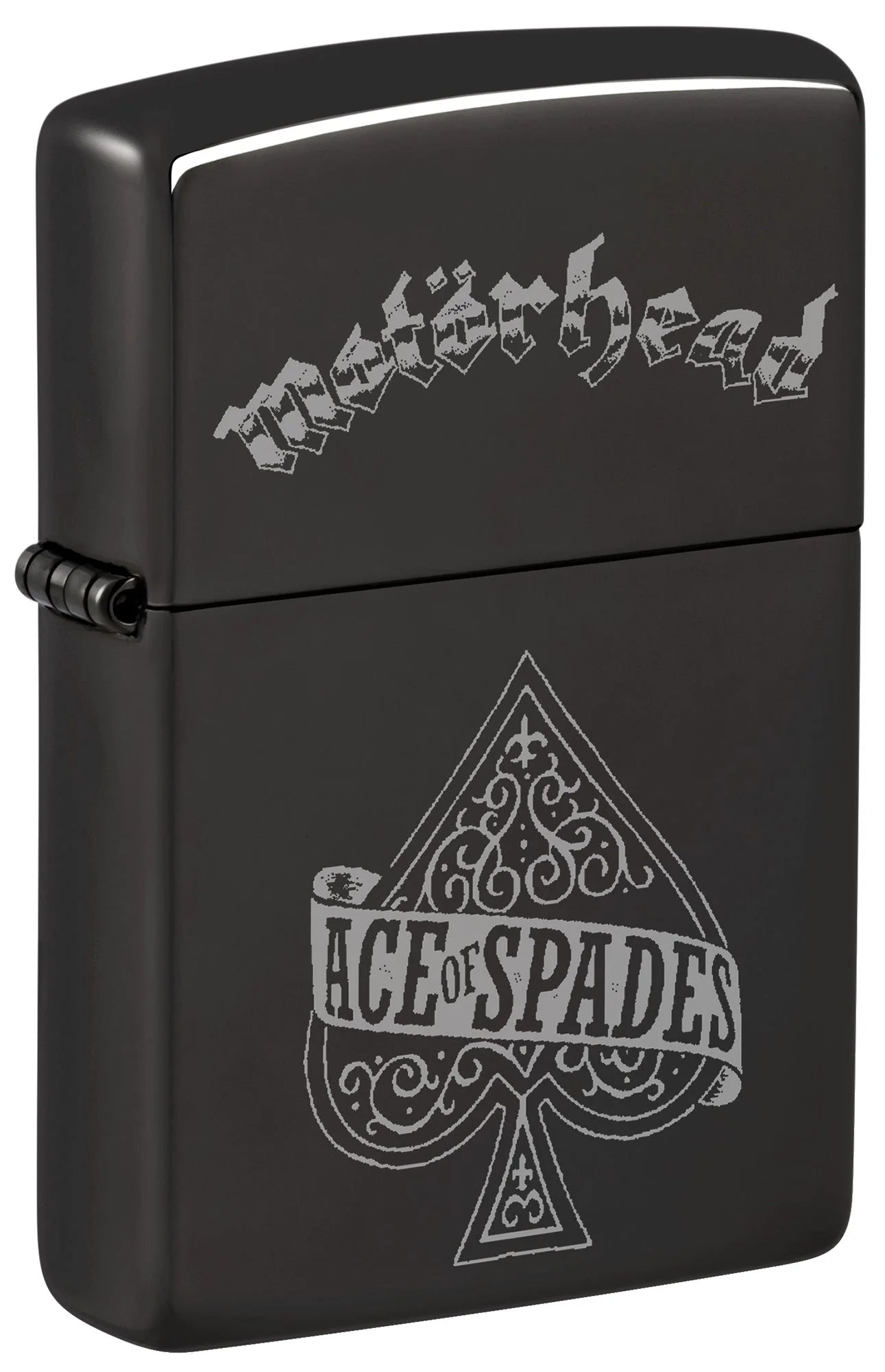 Geschlossenes Zippo Motörhead Ice of Spade in Black High Polished mit grauem Schriftzug und ornamentalem Pik-Motiv