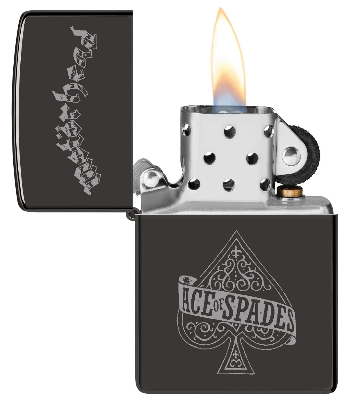Geöffnetes Zippo Motörhead Ice of Spade mit Flamme, silberfarbenem Einsatz und grauem Ace-of-Spades-Motiv