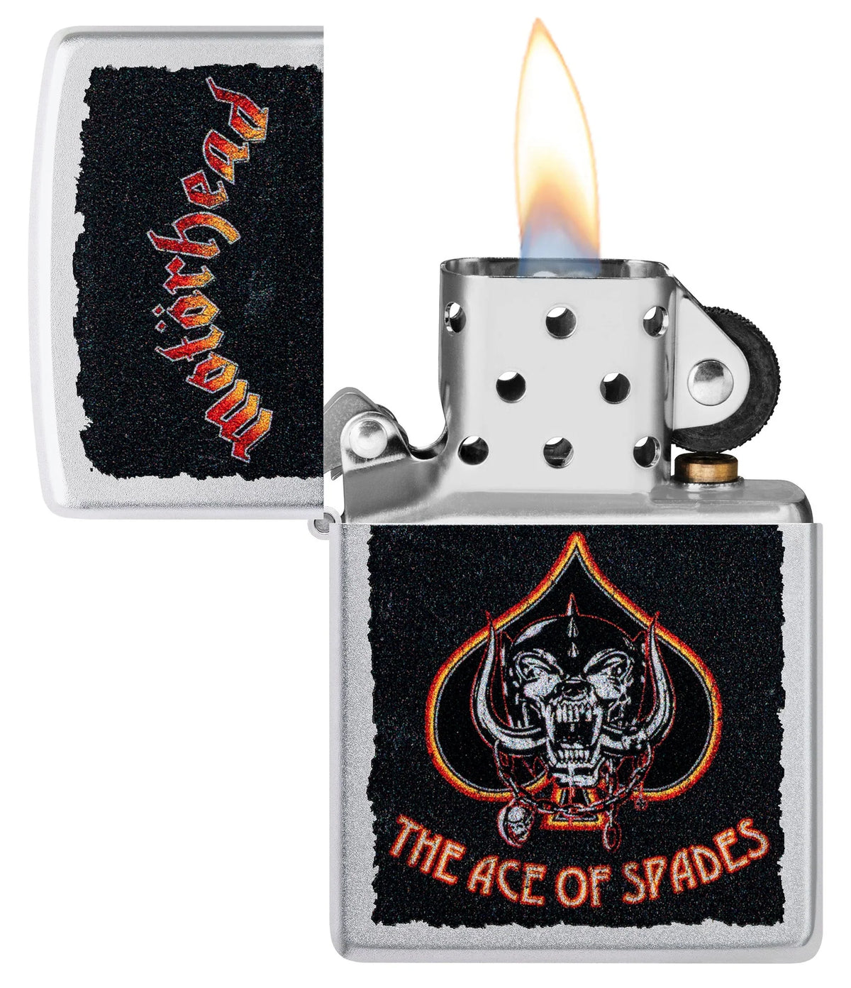 Geöffnetes Zippo Motörhead Spade Ace mit sichtbarem Einsatz, Flamme und mehrfarbigem Motiv auf Satin Chrome
