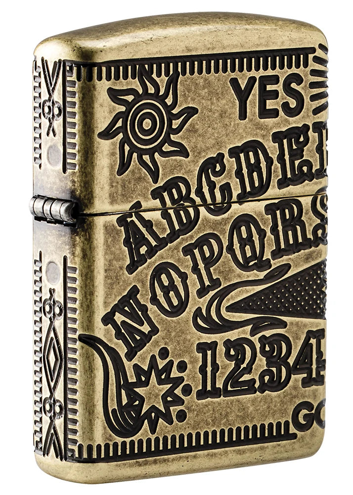 Zippo Ouija Board Antique Brass Frontansicht mit YES, Alphabet, Zahlen und Sonne