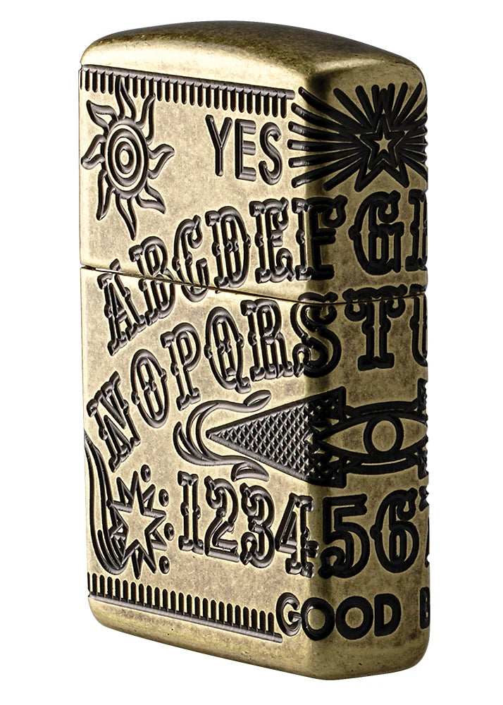 Zippo Ouija Board Detailansicht mit Alphabet, Zahlen, Sonne und Zeigersymbol