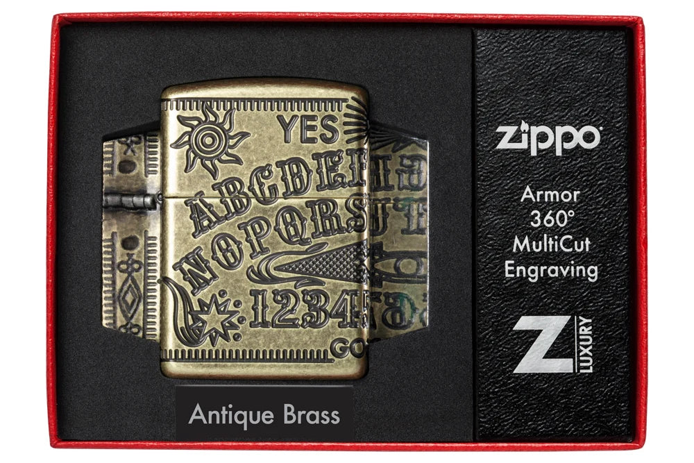 Zippo Ouija Board in Luxury Verpackung mit Antique Brass und Armor 360° Hinweis