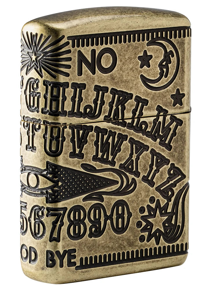 Zippo Ouija Board Rückseite mit NO, Mond, Sternen, Zahlen und Buchstaben