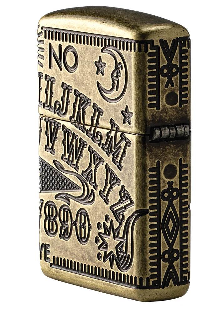 Zippo Ouija Board Scharnierseite mit Antique Brass, Symbolen und umlaufendem Design