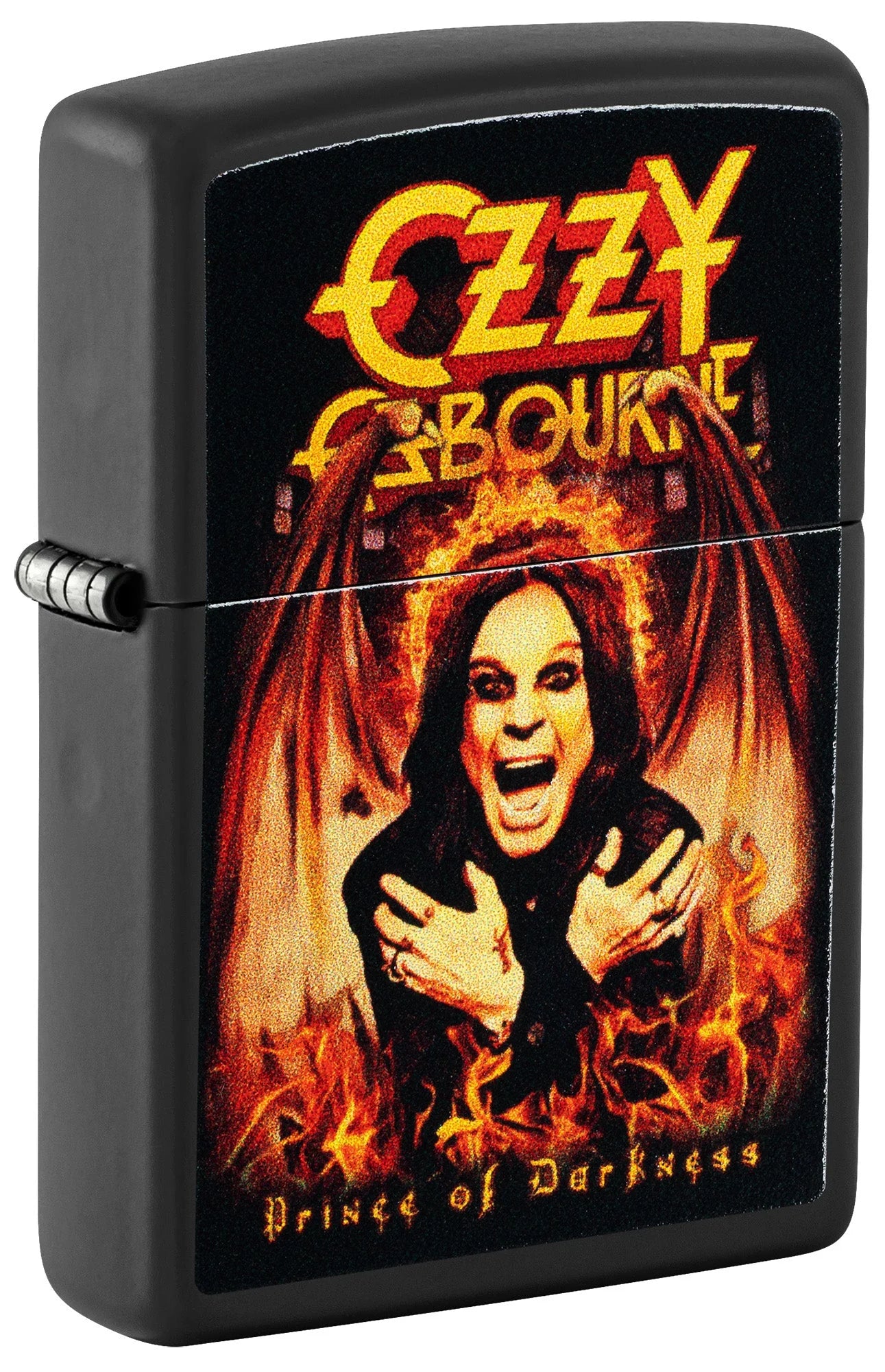 Geschlossenes Zippo Ozzy Osbourne in Black Matte mit Porträt, Flammen, Flügeln und Prince-of-Darkness-Schriftzug