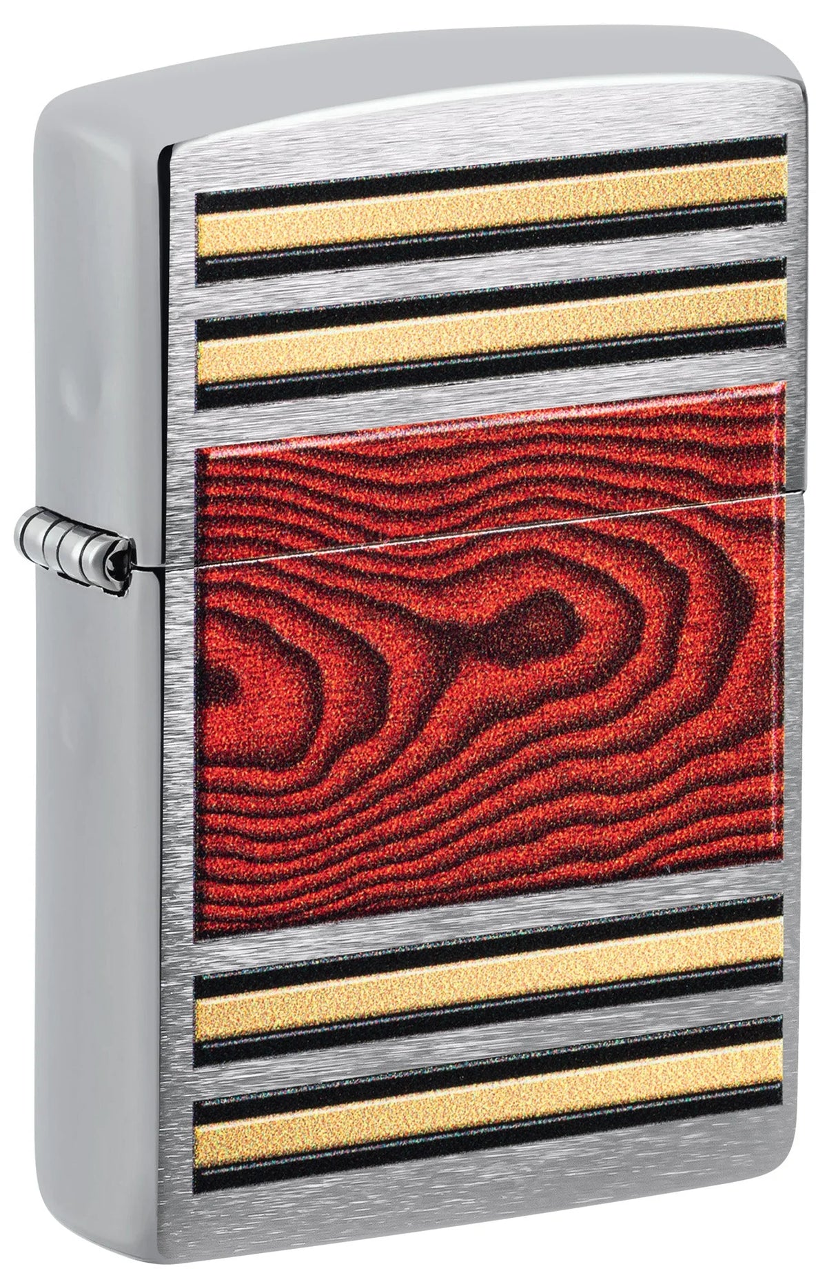 Geschlossenes Zippo Pfeifen-Geniesser in Chrome Brushed mit rotem Woodgrain Design und goldfarbenen Linien