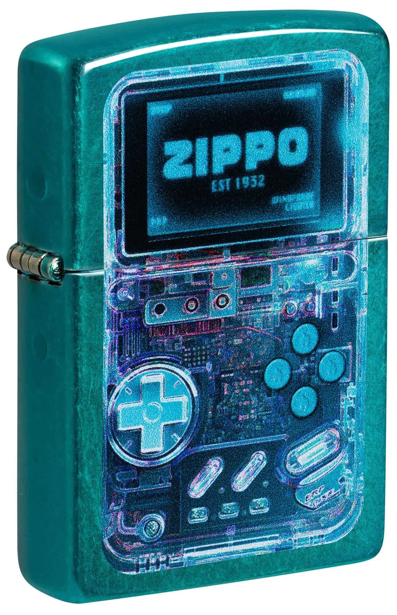 Zippo Game On in Schrägansicht mit Candy-Teal-Oberfläche, Retro-Konsolenmotiv, Steuerkreuz und vier Spieltasten.