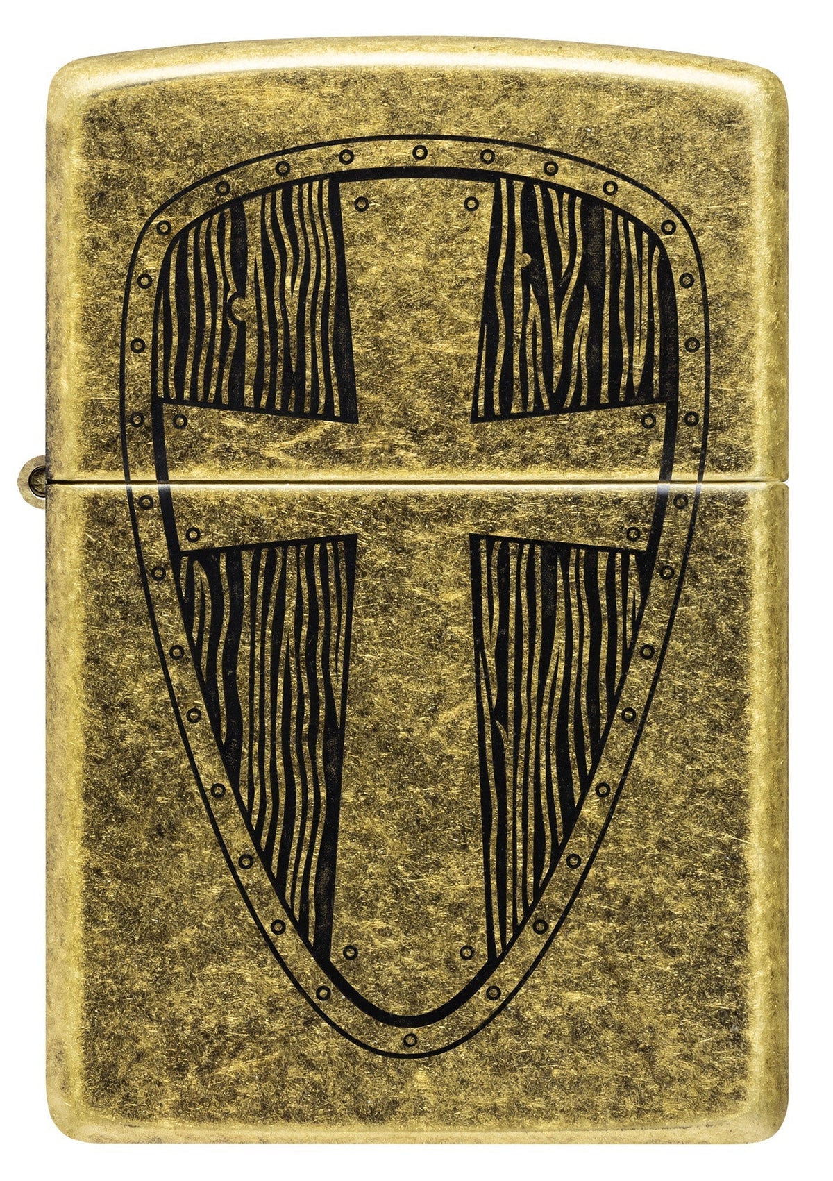Zippo Feuerzeug Ritter-Schild Frontansicht mit Kreuzform und Nietendetails auf Antique Brass