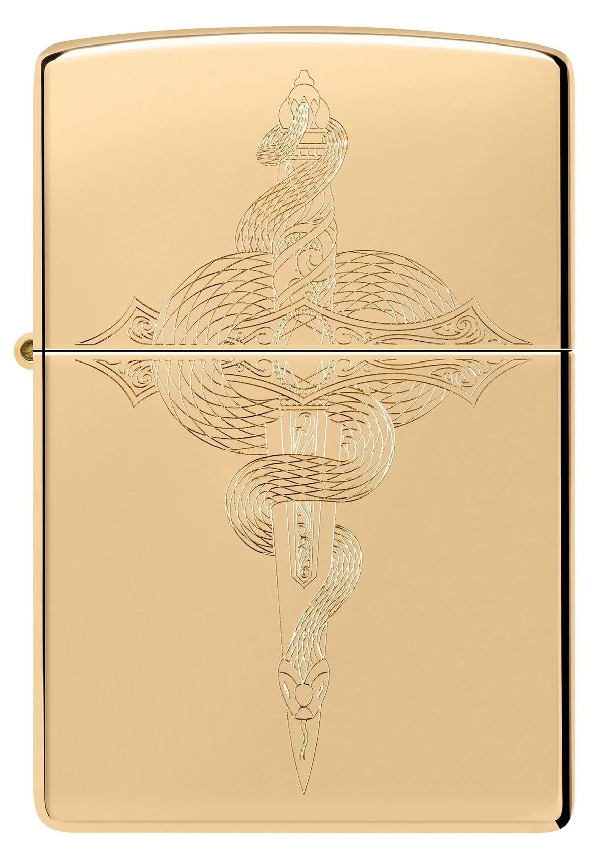 Zippo Schwert mit Schlange Frontansicht mit feinen Auto Engrave Linien auf goldfarbenem Gehäuse