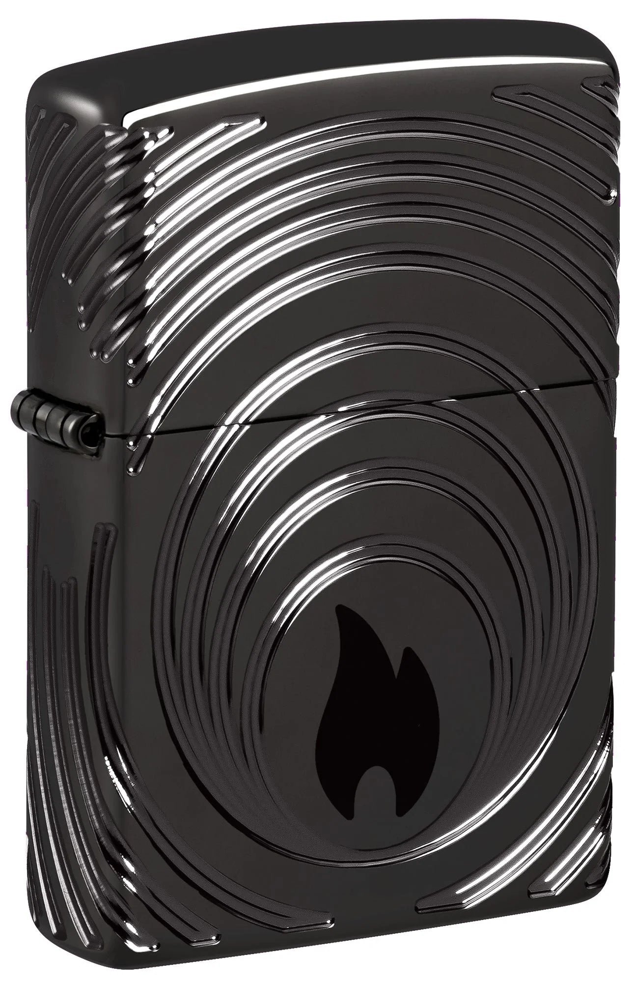 Zippo Spezial Edition 2026 Frontansicht in High Polished Black mit Linienmuster und Flammensymbol