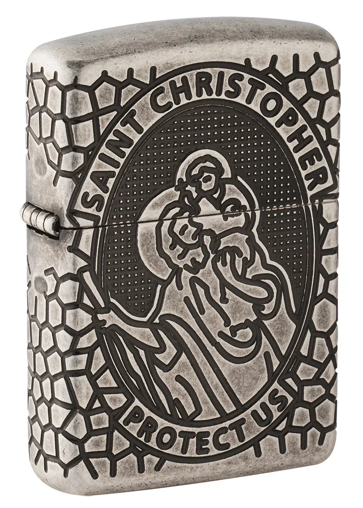 Zippo St. Christopher in Antique Silver, geschlossene Vorderansicht mit Heiligenmotiv und Schriftzug Protect Us