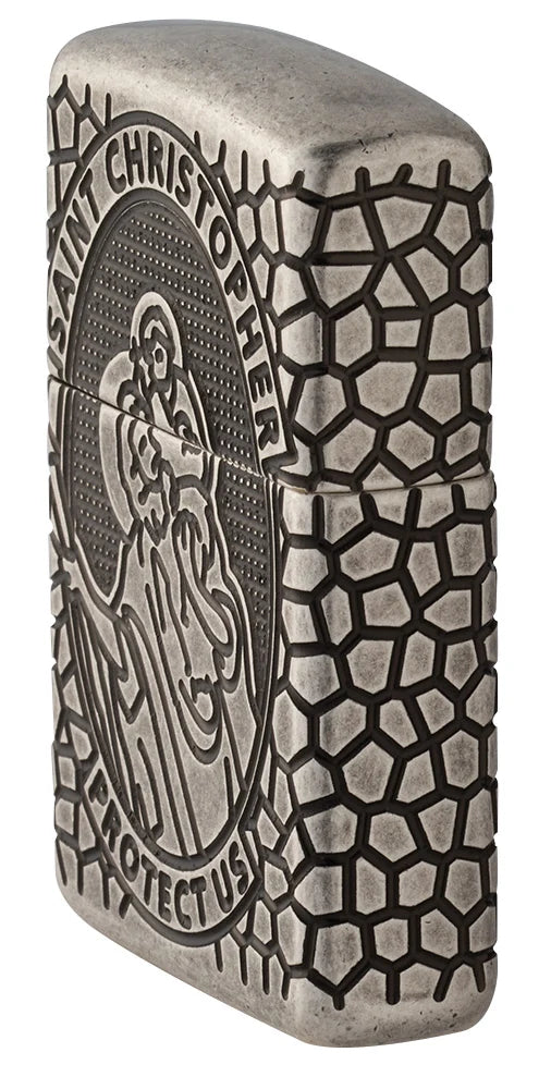 Seitliche Ansicht des Zippo St. Christopher mit Wabenmuster, dunklen Konturen und Armor Heavy Wall Gehäuse