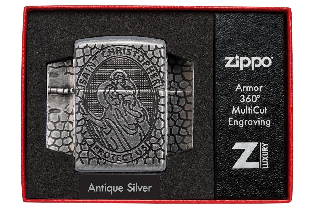 Zippo St. Christopher in roter Luxury Geschenkverpackung mit Spiegelansichten und Hinweis auf 360° MultiCut