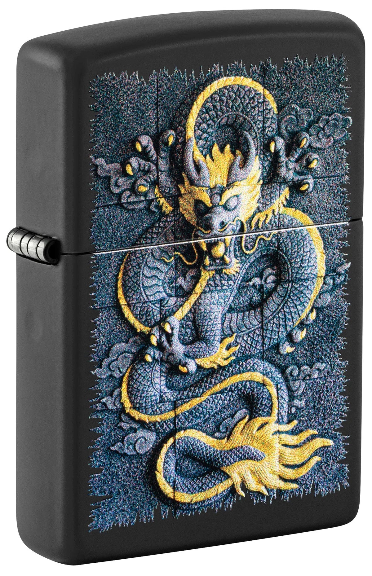 Geschlossenes Zippo Steindrache in Black Matte mit graublauem Drachenmotiv und goldfarbenen Konturen
