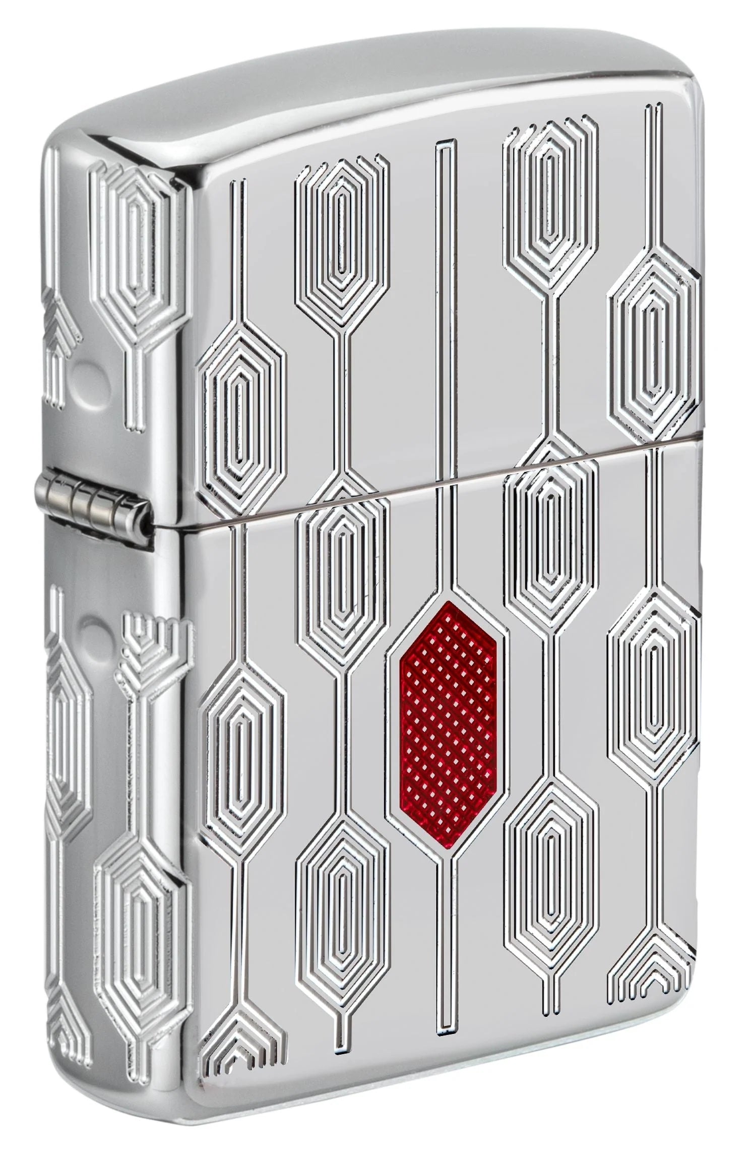 Zippo Stylish Pattern Frontansicht mit High Polish Chrome, Linienmuster und rotem Epoxy Inlay