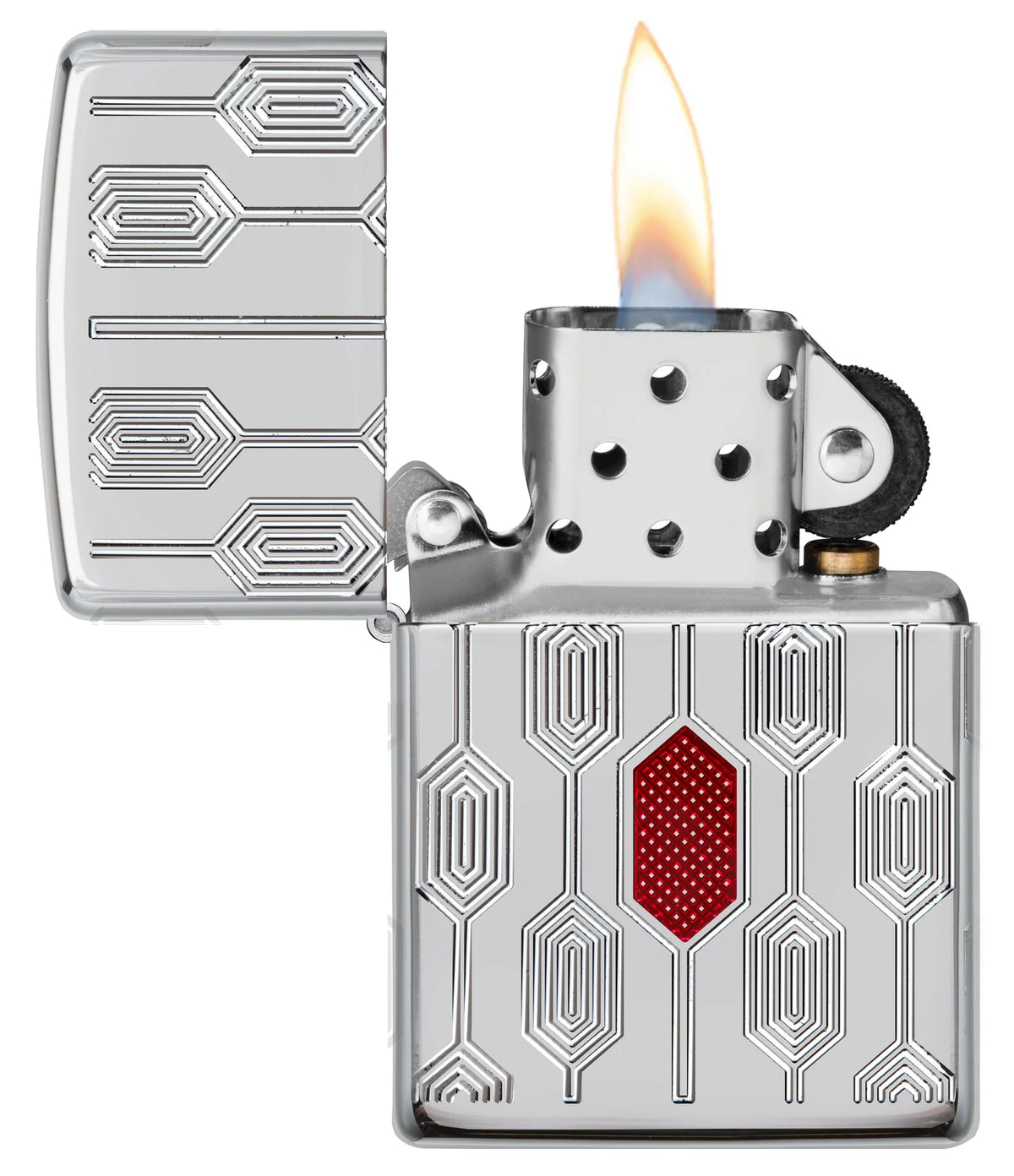Zippo Stylish Pattern geöffnet mit Flamme, Chromoberfläche und rotem Epoxy Inlay