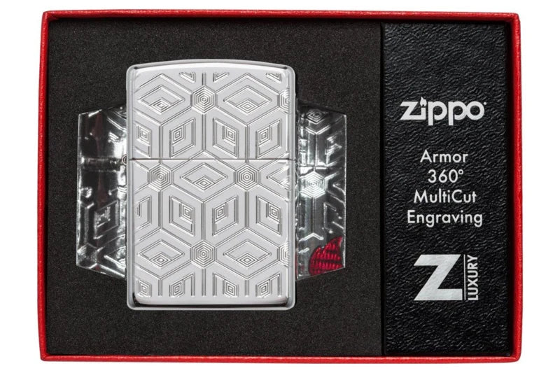 Zippo Stylish Pattern in Luxury Verpackung mit Armor 360° MultiCut Hinweis und rotem Detail