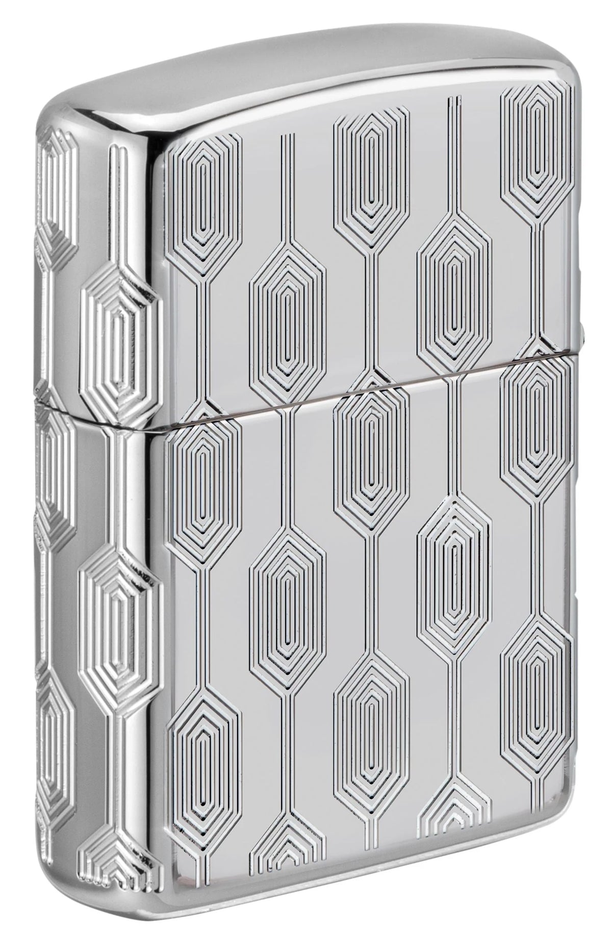 Zippo Stylish Pattern Rückseite mit geometrischem Deep-Carve-Muster auf High Polish Chrome