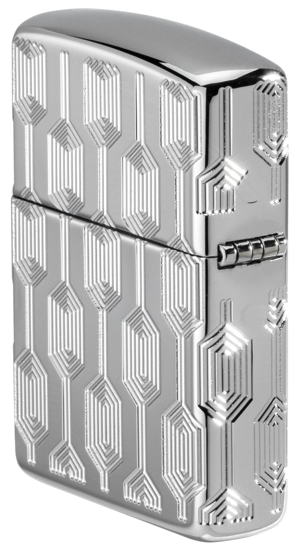 Zippo Stylish Pattern Scharnierseite mit Chromoberfläche und geometrischen Deep-Carve-Linien