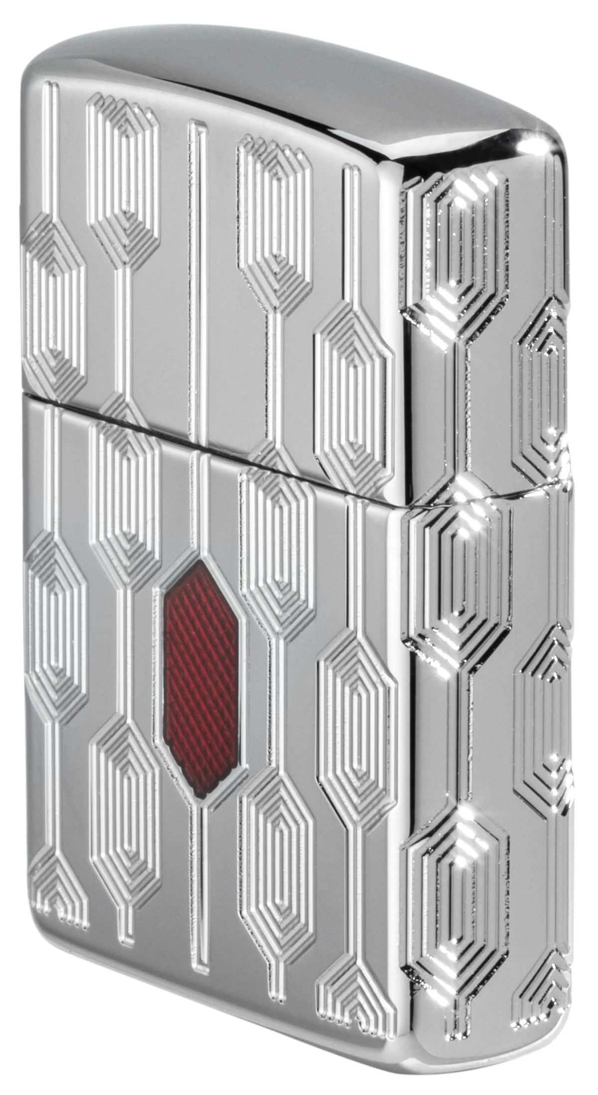 Zippo Stylish Pattern Seitenansicht mit umlaufendem Linienmuster und rotem Epoxy Inlay