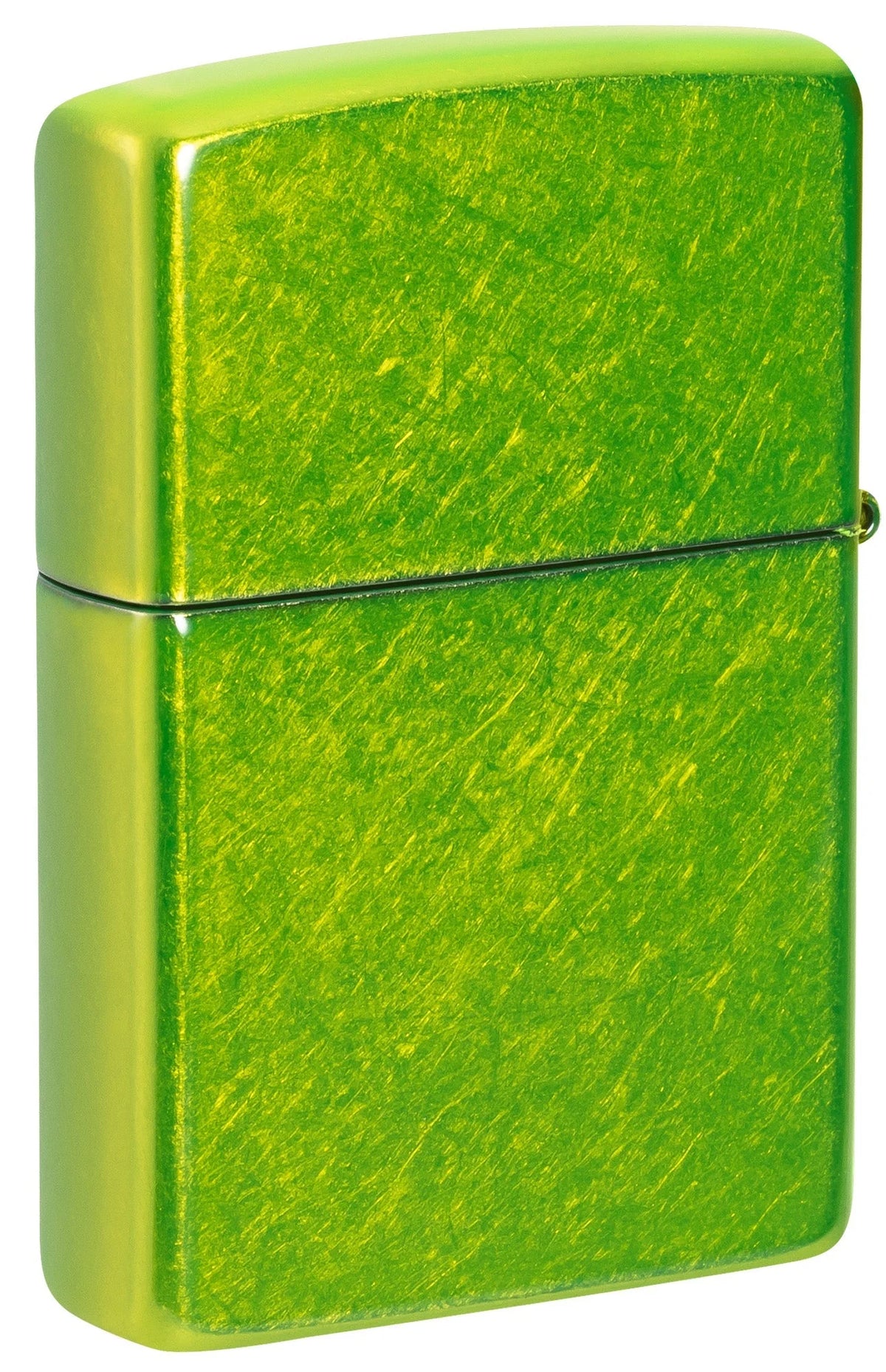 Unverzierte Rückseite des Zippo Irish Skull in kräftigem Gelbgrün mit sichtbarer Deckelfuge und feinen Oberflächenreflexen