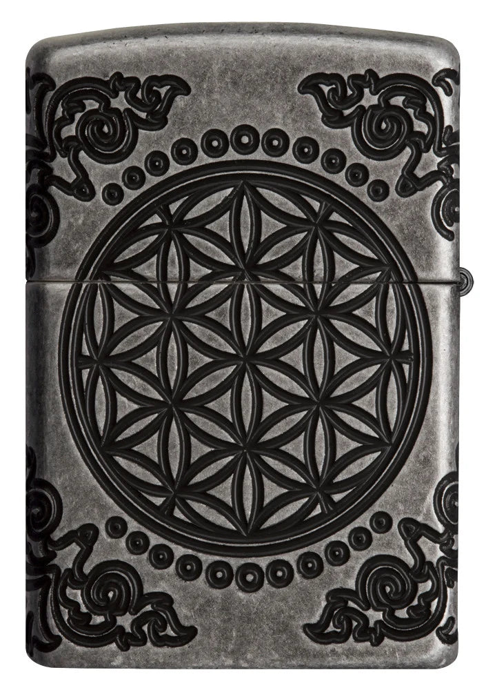 Zippo Tree of Life Antique Silver Rückseite mit Antique-Silver-Oberfläche und Deep-Carve-Konturen
