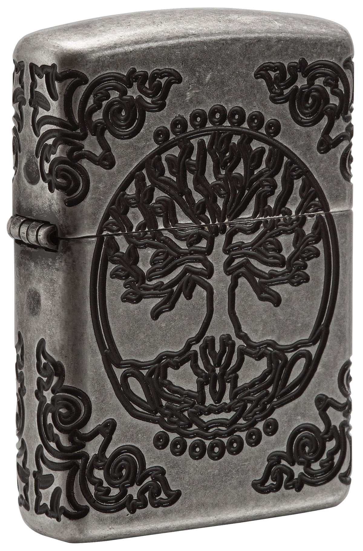 Zippo Tree of Life Antique Silver Frontansicht mit rundem Baum-des-Lebens-Motiv