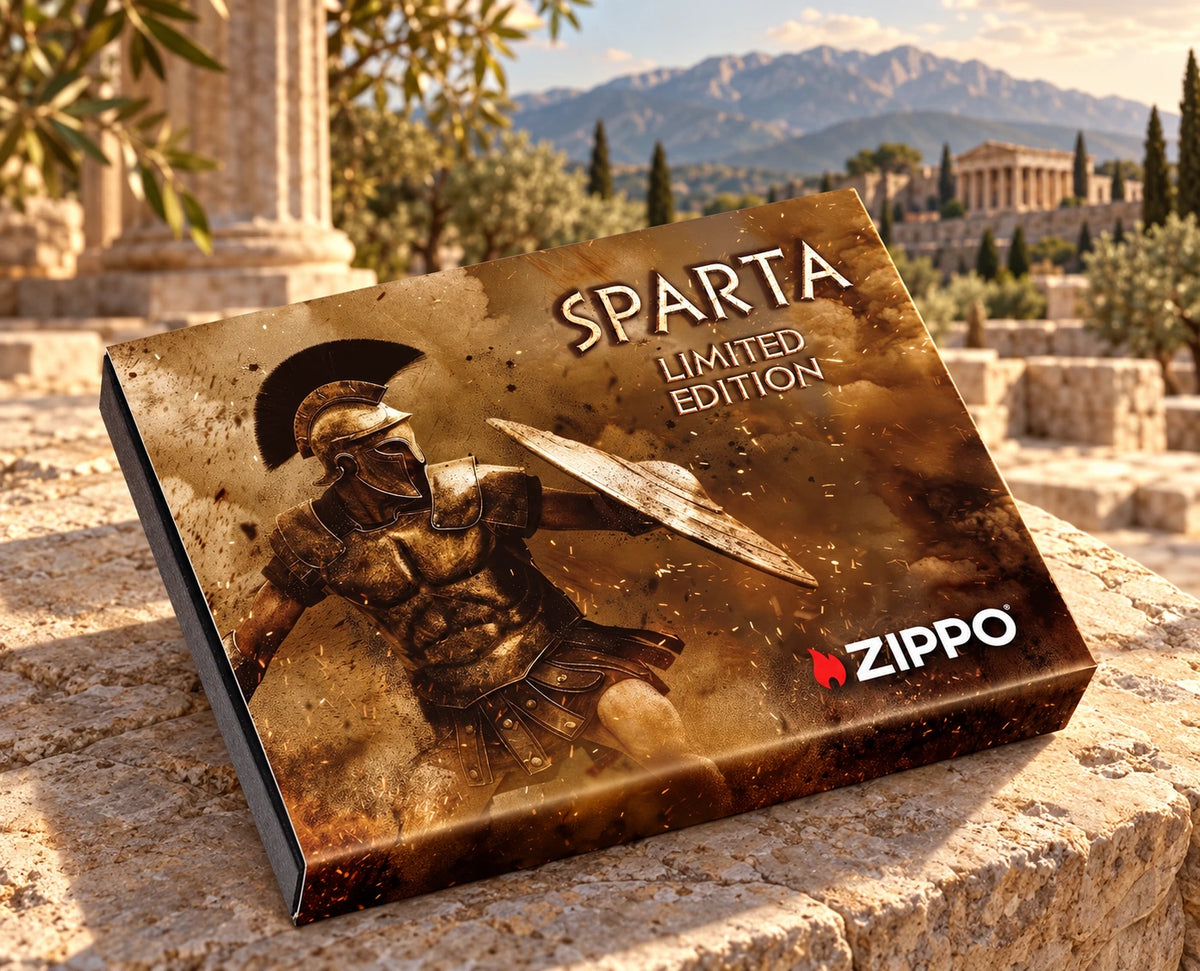 Luxury Sparta Geschenkverpackung mit Kriegermotiv, Zippo Logo und Limited Edition Schriftzug mit Hintergrund aus Sparta