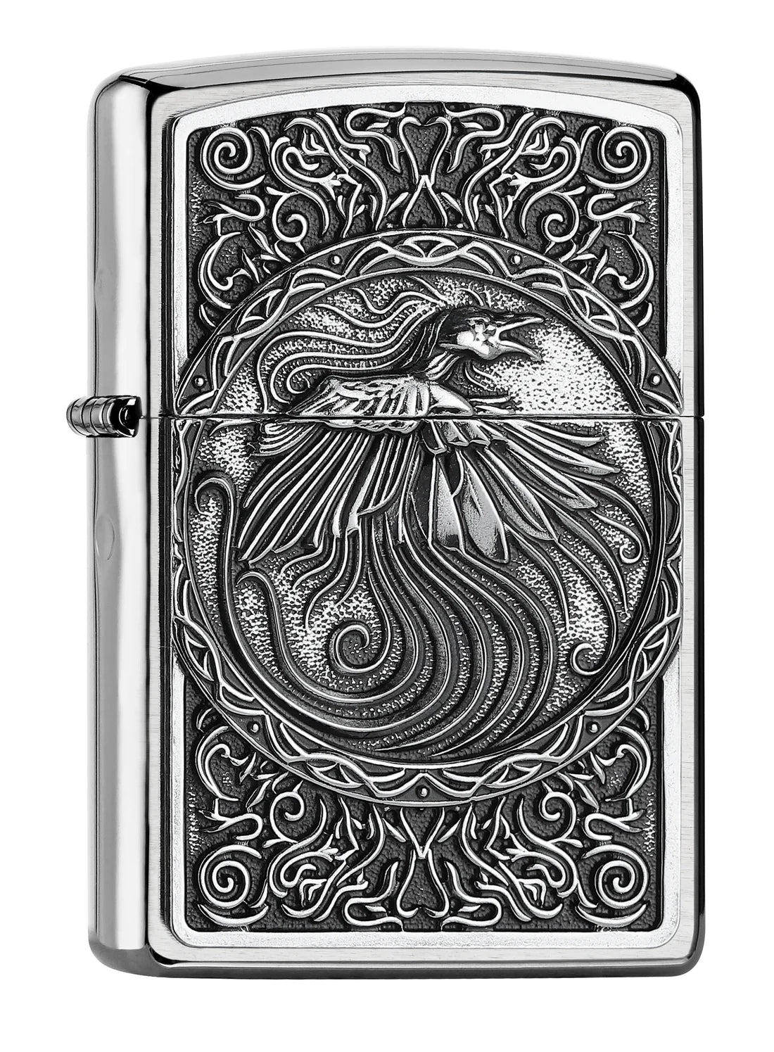 Zippo Benzinfeuerzeug mit kunstvollem Phönix-3D-Emblem, verziert mit Ornamenten auf Chrome Brushed-Finish, windfest und nachfüllbar.