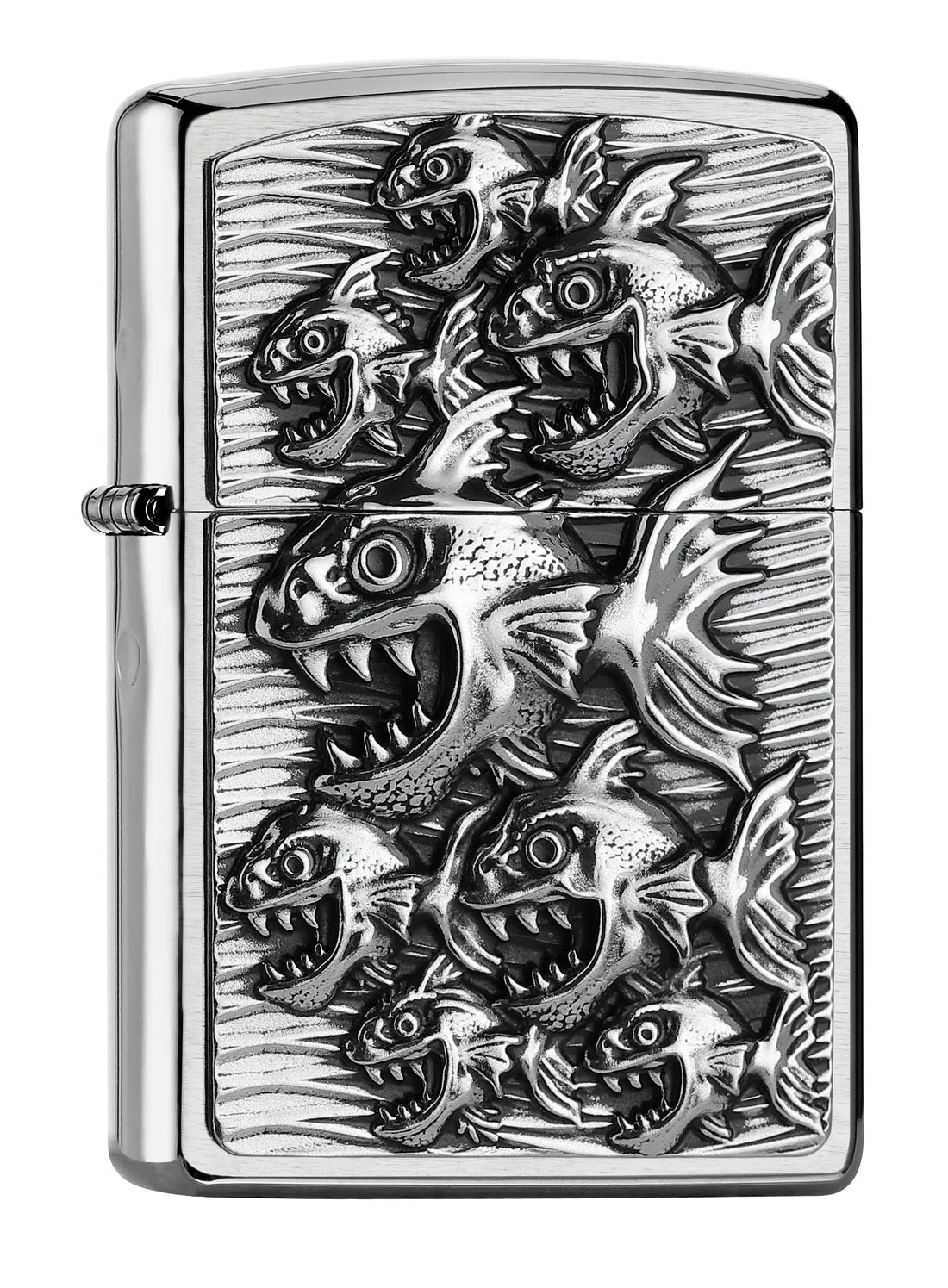 Zippo Benzinfeuerzeug mit aggressivem Piranha-3D-Emblem auf Chrome Brushed-Finish, windfest, nachfüllbar, perfektes Sammlerstück.