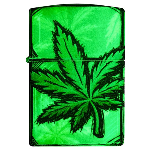Bild 1 (geschlossenes Feuerzeug):
"Zippo "Green Blaze" Benzinfeuerzeug mit leuchtendem Cannabis-Design, Glow-in-the-Dark-Effekt und hochwertigem 540° Color-Druck."